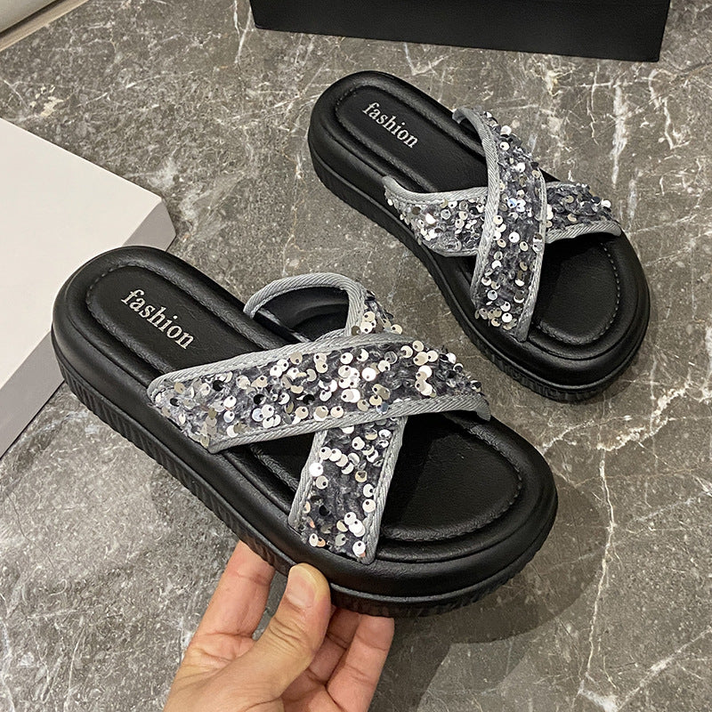 Sequin criss-cross slides - women's summer new arrivals, perfect with skirts, trendy influencer style, chanel-inspired chunky sole sandals