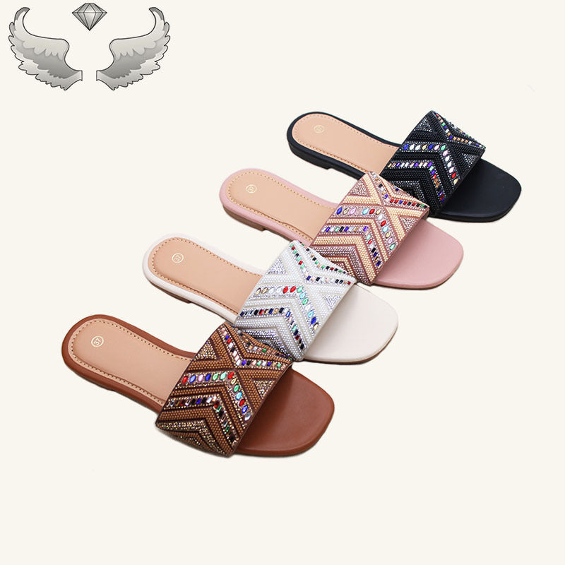 High-quality ladies slippers  ladies shoes fashion flash diamond flat sandals handmade shoes