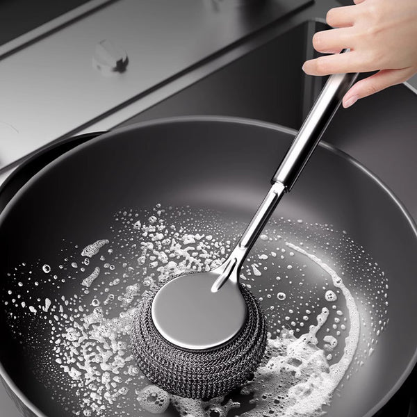 New stainless steel pot brush kitchen special pot washing steel wire ball brush long handle dishwashing cleaning brush pot brush artifact
