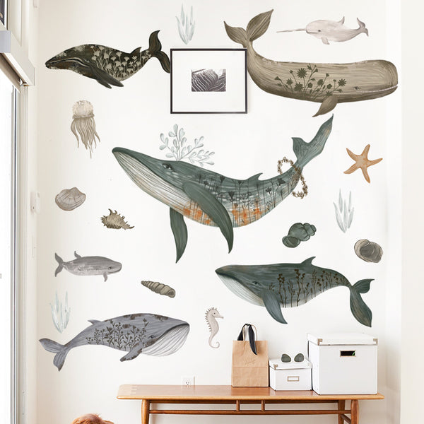 Watercolor hand painted sea whale wall sticker bedroom living room glass decorative sticker ocean fish wall sticker ZDB-2466