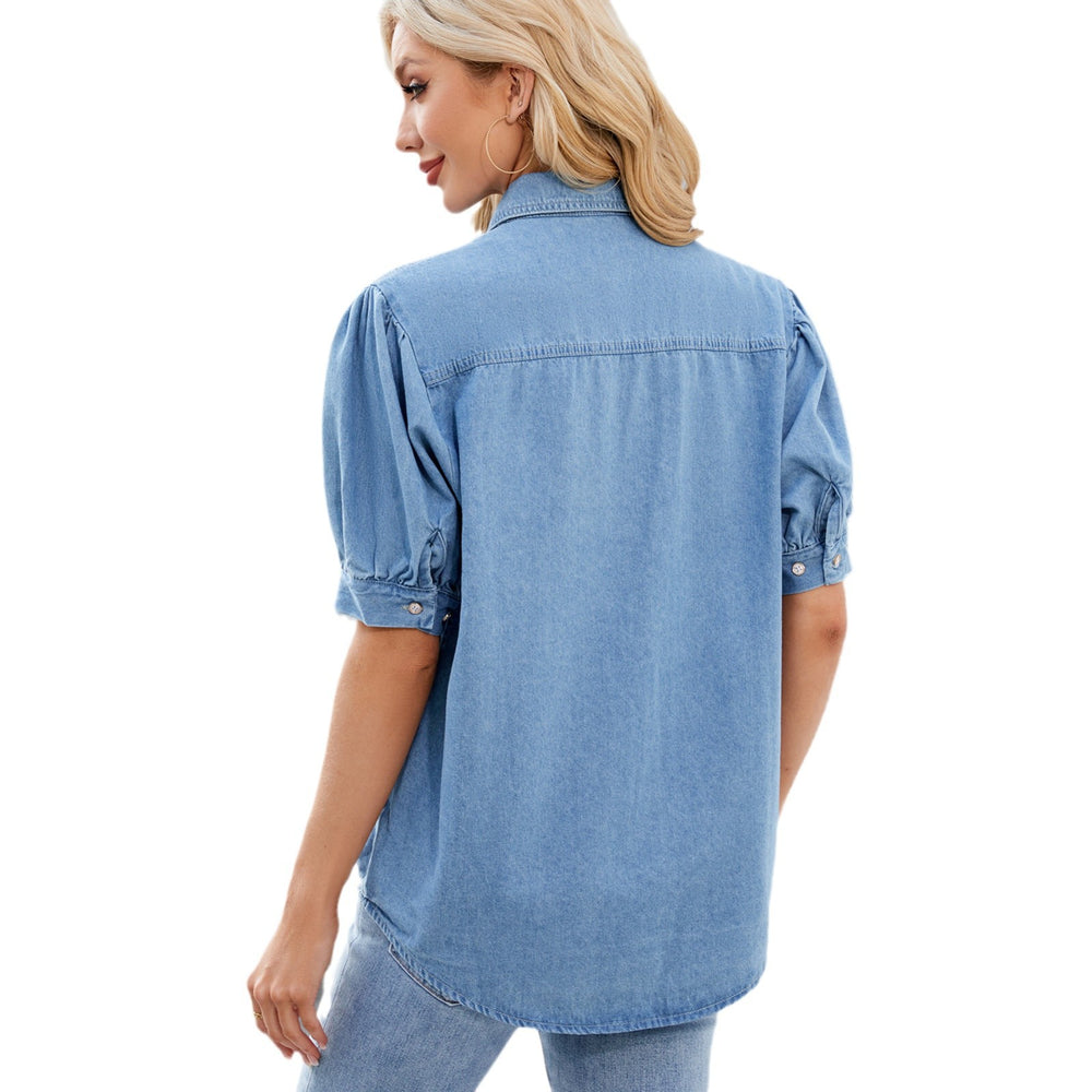 Fashion cross-border export  new arrivaleasiest for match princess sleeve lapel thin denim shirt casualtops trendy women