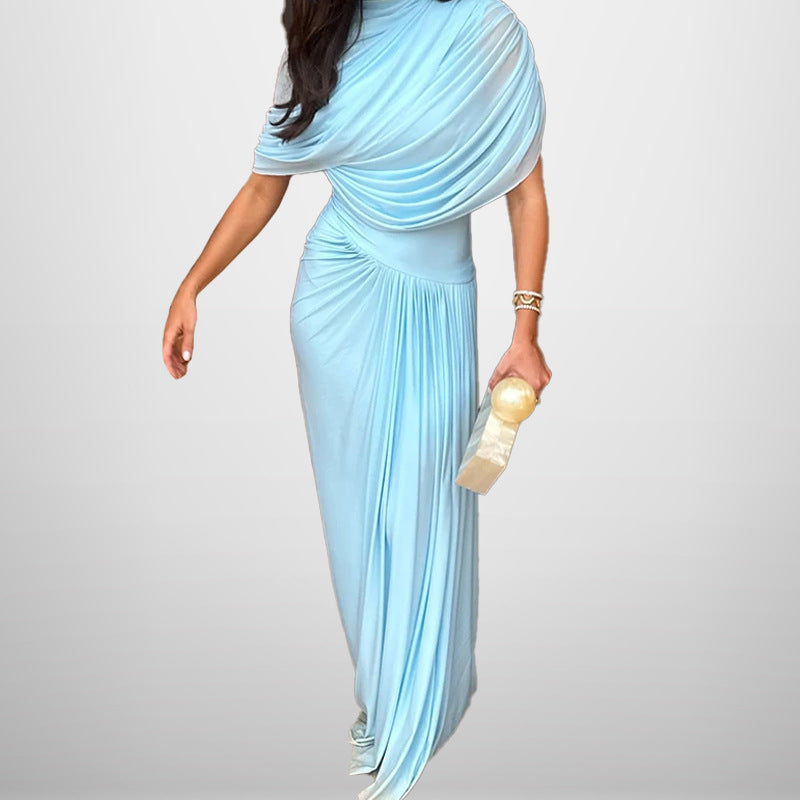 cross-border e-commerce women's fashion: european and american summer new arrivals - stylish solid color, cinched waist, pleated elegant evening gown dress