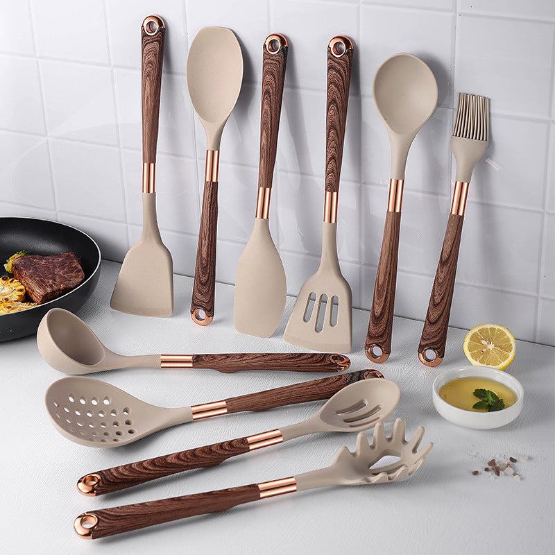 Cross-border spot wholesale wood grain silicone kitchenware set, shovel leak shovel spoon non-stick pan baking barbecue cooking