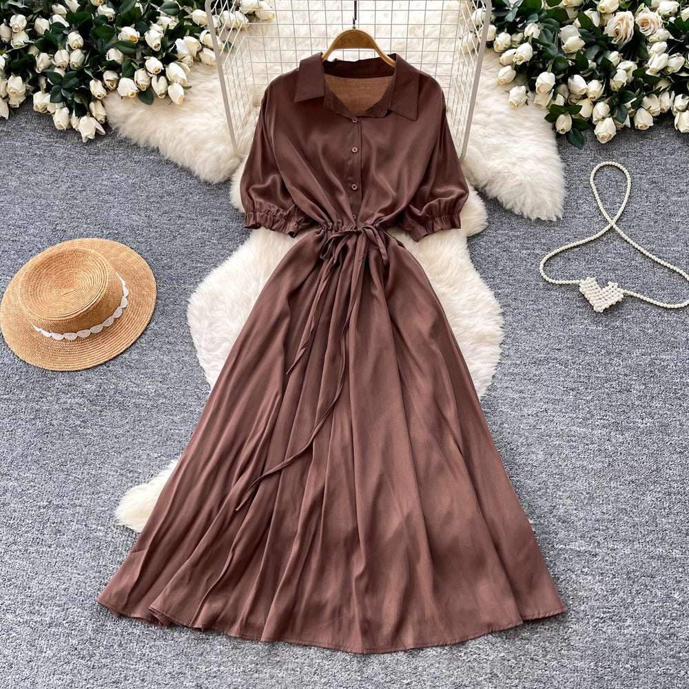 Light mature style single-breasted shirt short-sleeved dress for women summerk-style strap waist slimming lookelegant long skirt work clothing