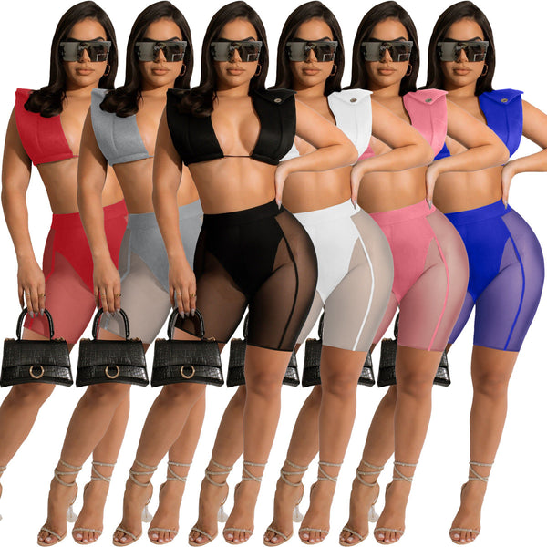 2022 European and American women's clothing, summer fashion casual suit mesh yarn,  solid color two-piece shorts