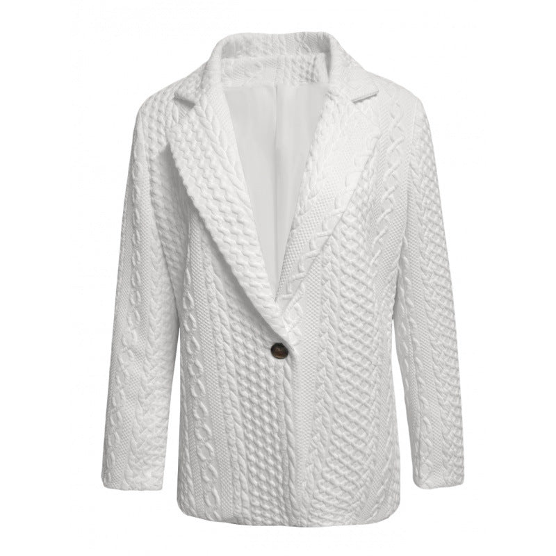 women's knitted textured jacket plus size outerwear - single-breasted long sleeve casual blazer