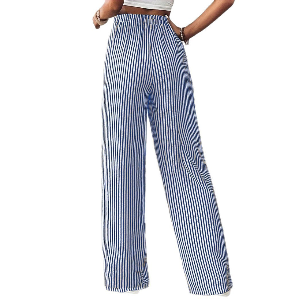 2025 european and american cross-border amazon new striped wide-leg pants drawstring pocket casual trousers straight-leg women's pants
