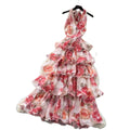 Frenchromantic style v neckhalter floral dress women's summer sleeveless backless layered ruffles cake skirt slimming look