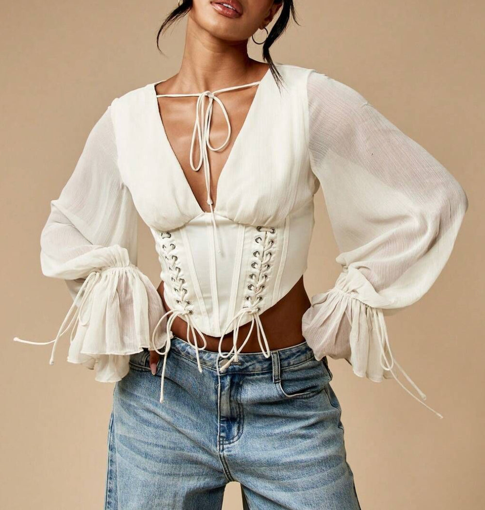 cross-border fashion: women's sexy & spicy big v-neck top with ruffle sleeves - solid color