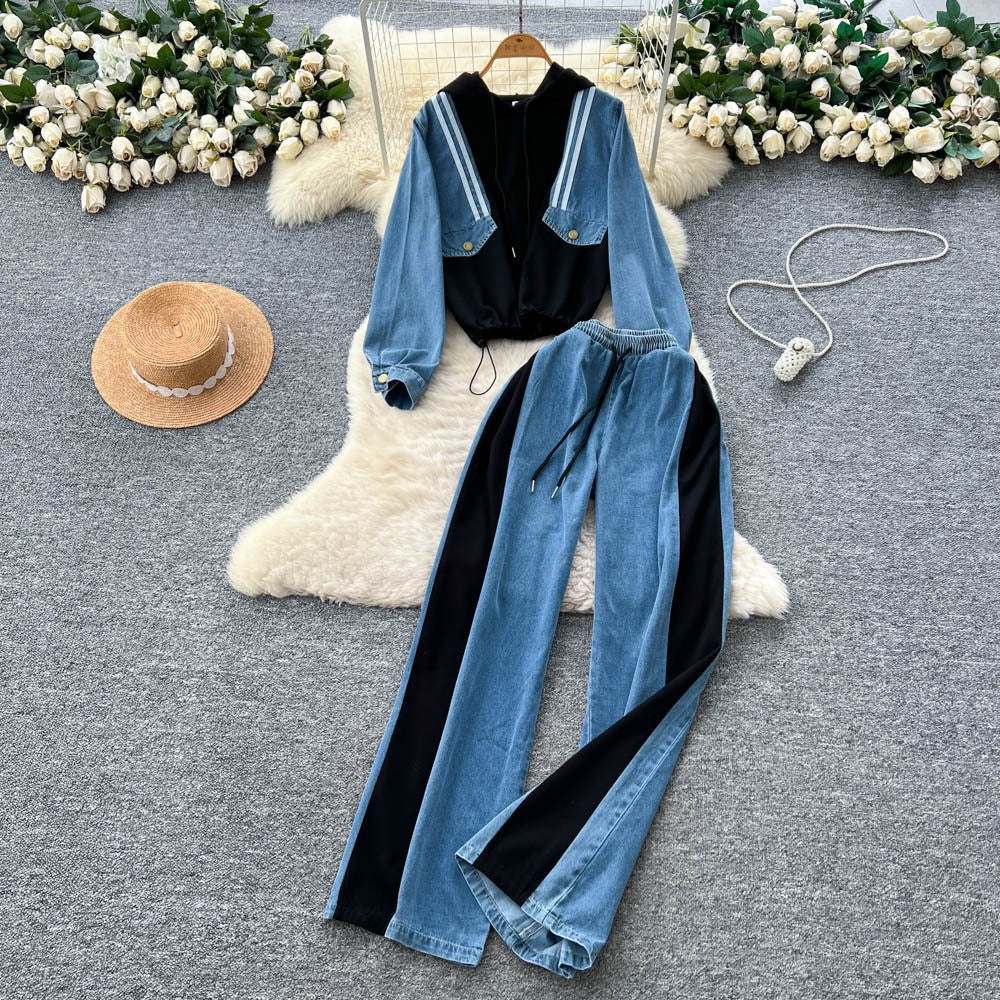 Fashionsuit women's 2025fall and winterretroloosecasual denim patchwork hooded sweatshirthigh waist wide leg straight-leg pants