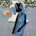 Fashionsuit women's 2025fall and winterretroloosecasual denim patchwork hooded sweatshirthigh waist wide leg straight-leg pants