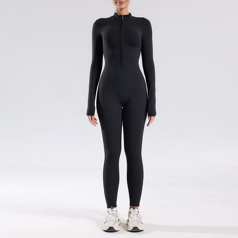 One-piece nude zipper stand-up collar slim-fitting long-sleeved one-piece yoga suit women's running fitness sports full-body onesie