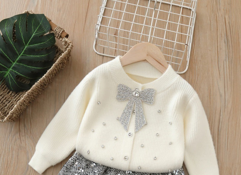 Girls' sweater french style tweed bow knittingcardiganfall and winternew arrivalsoft and sweeteasiest for matchsuit