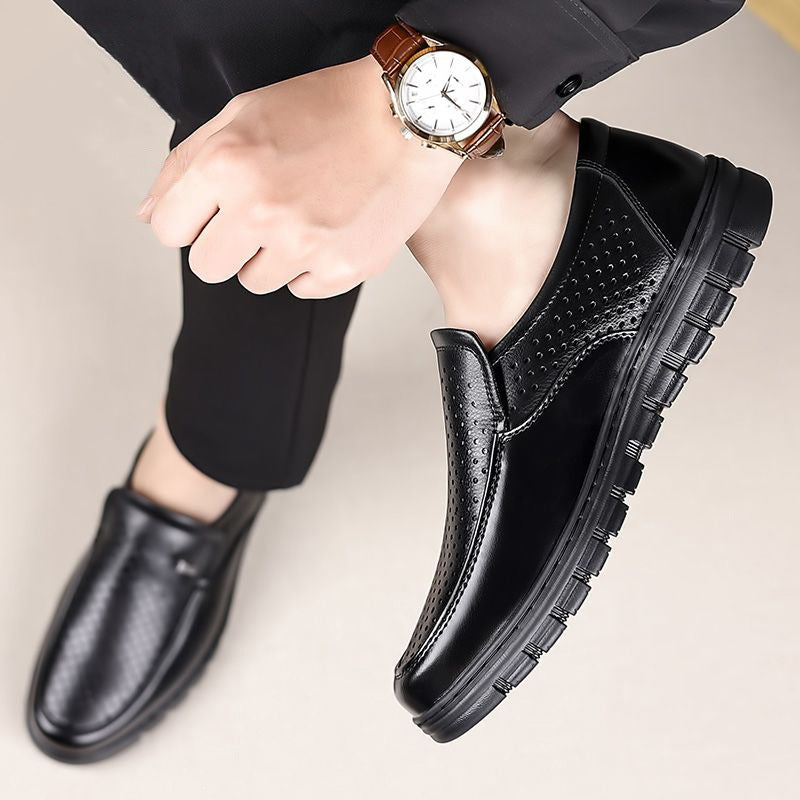 Men's summer hollow-out breathable leather shoes, soft leather sandals, casual soft sole anti-slip elderly shoes