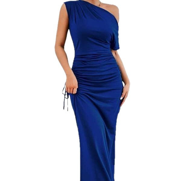 2024 european and american cross-border amazon sexy women's new one-shoulder bodycon ruched maxi dress