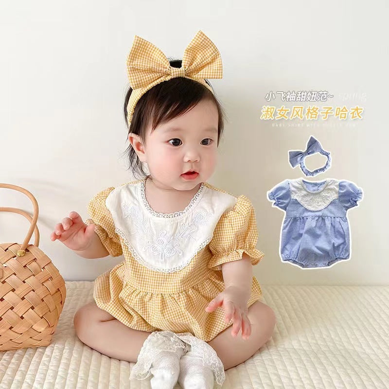 Infant summerk-style plaid girl baby jumpsuit, fashionable short-sleeved khaki new arrival, outdoor bag butt shirt