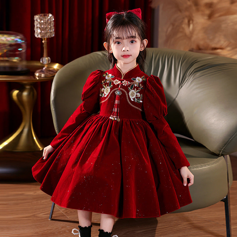 Girl red dress festive new year's greetings short high collar chinese style new chinoiserie princess dress new year clothes winter