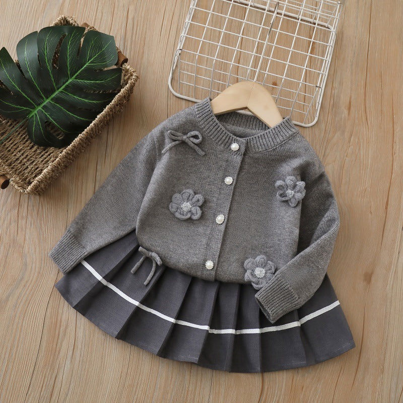 autumnew arrivalgirlsweatercardigantwo-piece sethandmade flower tweed stylejksweatersuit