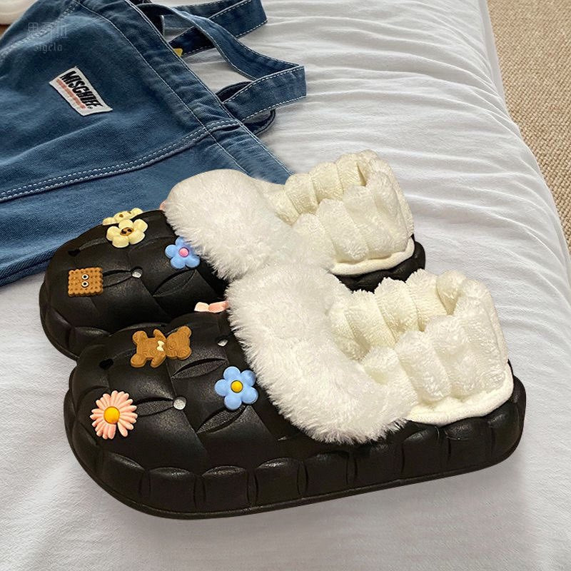 Women's winter waterproof cotton slippers - thick sole, fleece lined, closed toe, cute & cozy indoor slippers for students & dorms - removable warm insole
