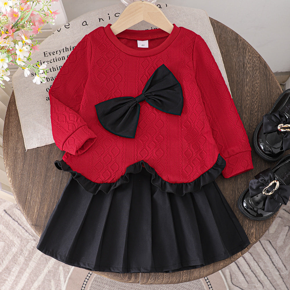 Girls' elegant long-sleeve top and pleated skirt set