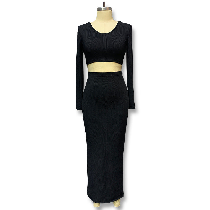 fall/winter new european and american cross-border women's solid color knitted crew neck top and long slit maxi skirt two-piece set