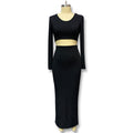 fall/winter new european and american cross-border women's solid color knitted crew neck top and long slit maxi skirt two-piece set