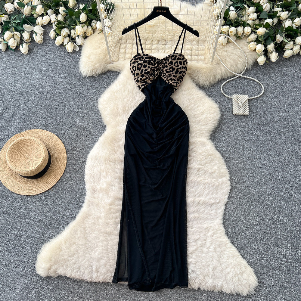 Accessible luxury leopard print patchwork red suspender dress women's summer k-style sleeveless waist slimming lookelegant long dress work clothing