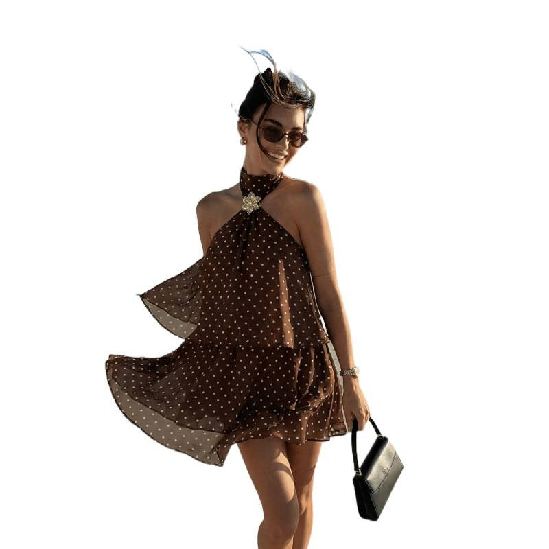 code  independent station  holiday polka dot printing backless haltershortdress