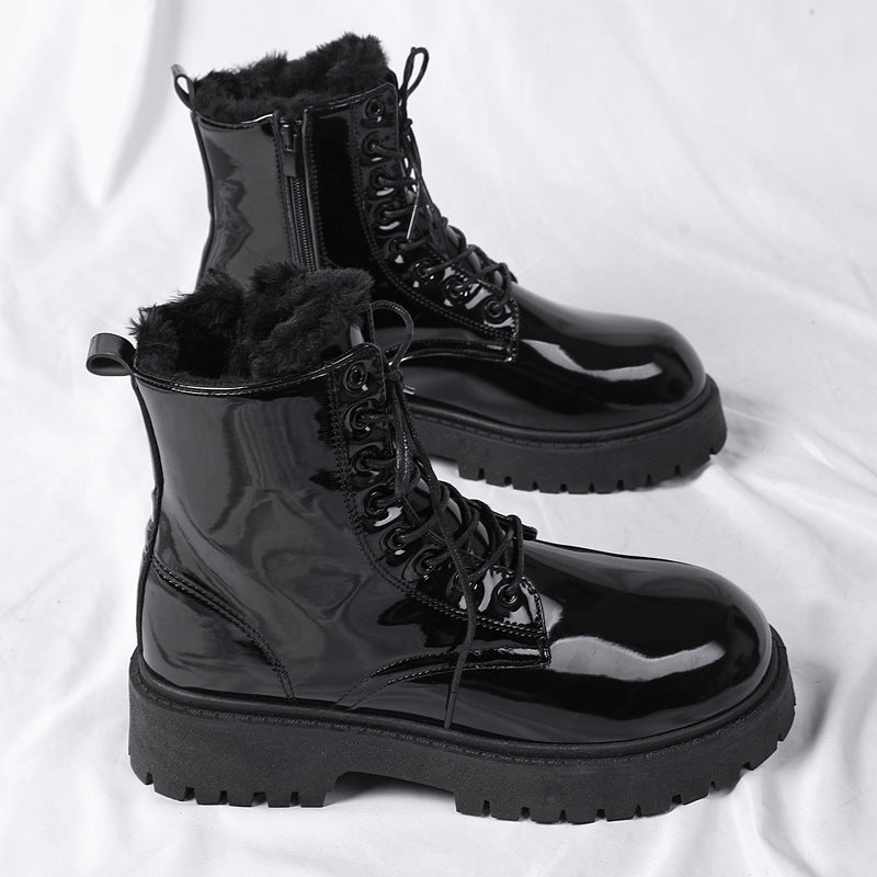 Men's winter black combat boots - british style casual motorcycle leather boots - men's anti-slip fleece-lined warm cotton boots