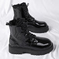Men's winter black combat boots - british style casual motorcycle leather boots - men's anti-slip fleece-lined warm cotton boots