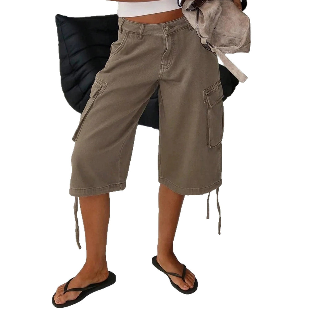 European and american style workwear denim cropped pants - khaki brown, multi-pocket, drawstring, wide leg, vintage washed cropped work pants