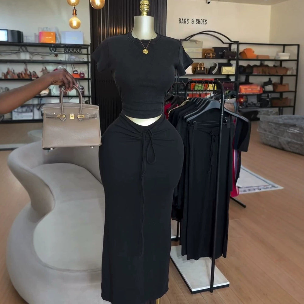 European and american cross-border women's fashion:  summer new arrival - elegant round neck short sleeve t-shirt and tie-waist bodycon midi skirt set