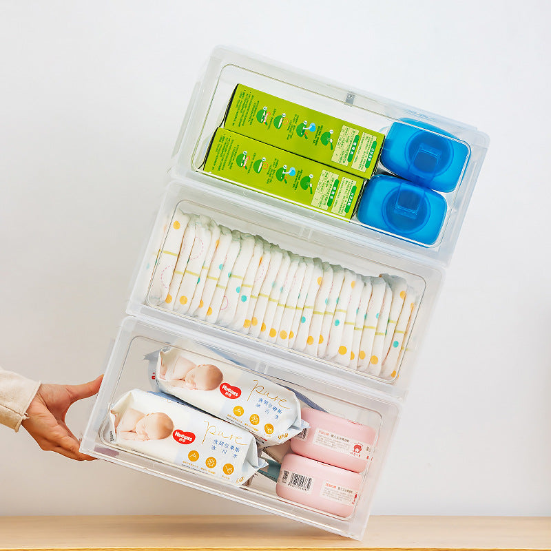 Baby products sorting box storage household transparent flip mother and baby storage box can be stacked with baby clothing storage box