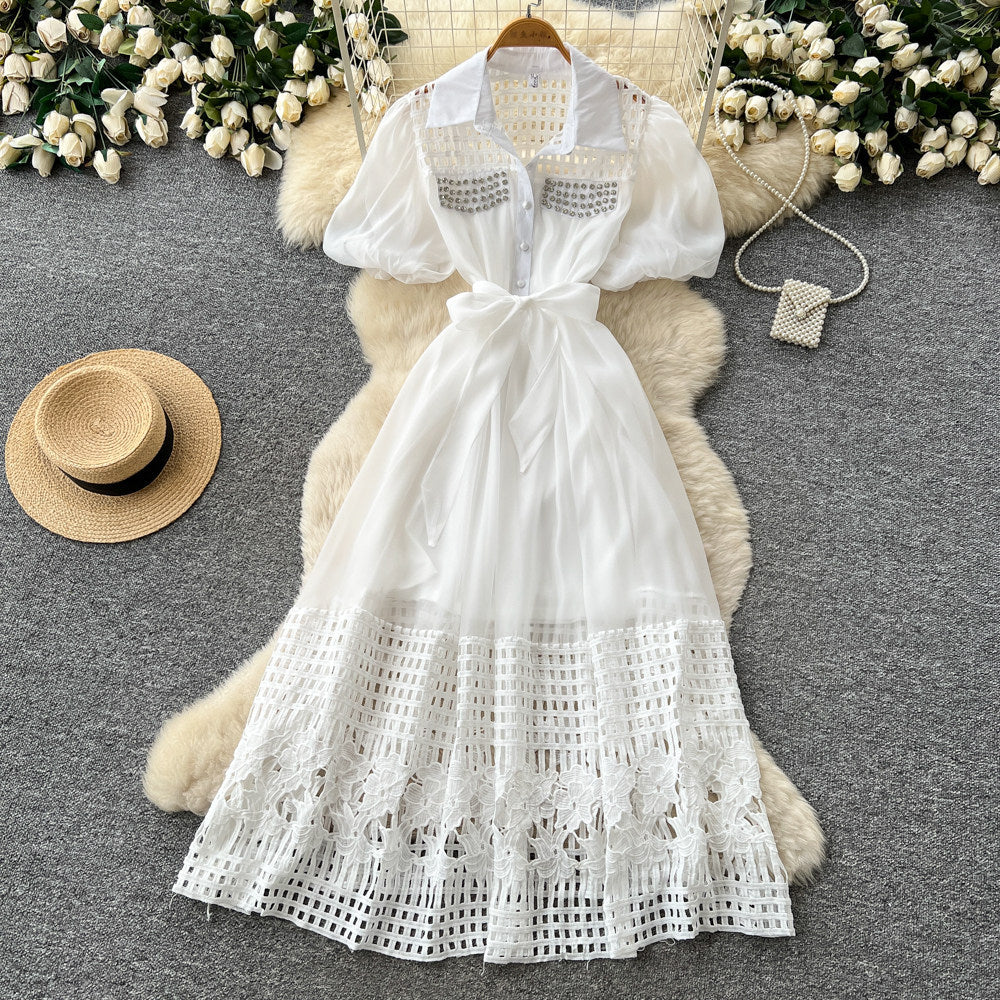 French yellow cut out short sleeve tie backdress women's summer accessible luxuryelegant style a-line work clothing long skirt