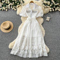 French yellow cut out short sleeve tie backdress women's summer accessible luxuryelegant style a-line work clothing long skirt