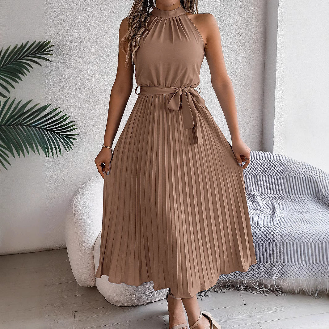 Real shot 2025 European and American spring and summer elegant stand-up collar sleeveless waist pleated dress,   women's clothing
