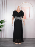 Fashion cross-border independent plus size women's pure color v-neck long skirt dress banquet large swing dress evening dress elegance