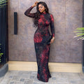 Fashion style cross-border charm printing women's clothing elegant color matching hip skirt sexy stand collar long sleeves waist trendy dress