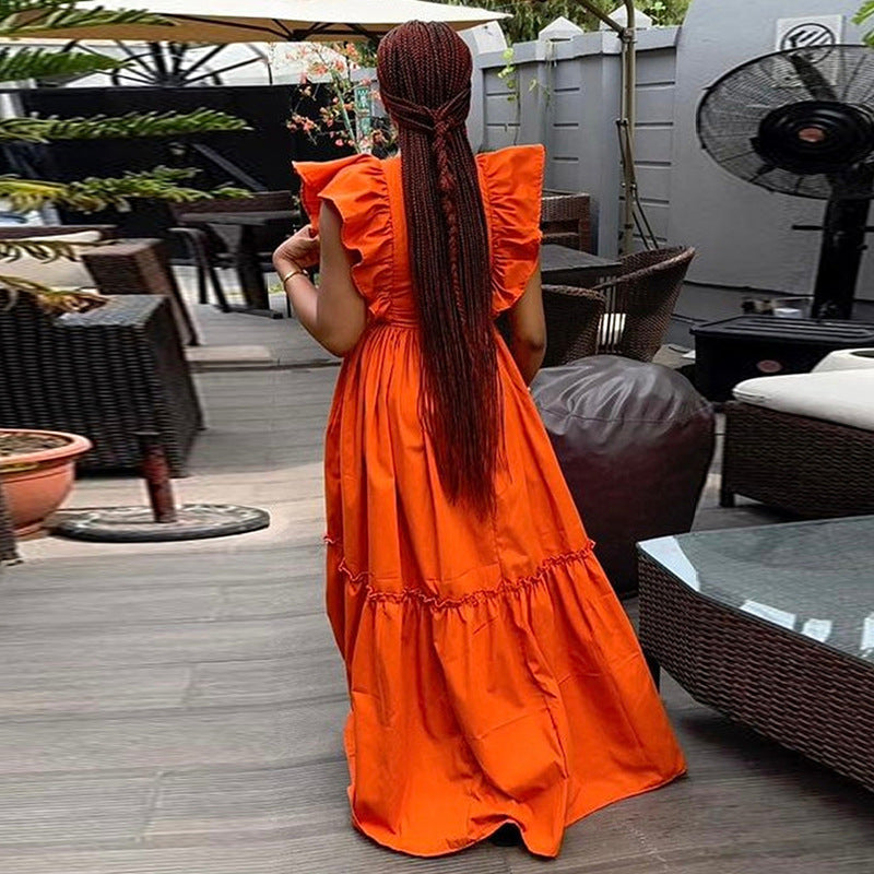 European and american cross-border women's fashion:  summer new arrival - elegant ruffle-trimmed short-sleeve round neck, waist-defining, long, flared dress