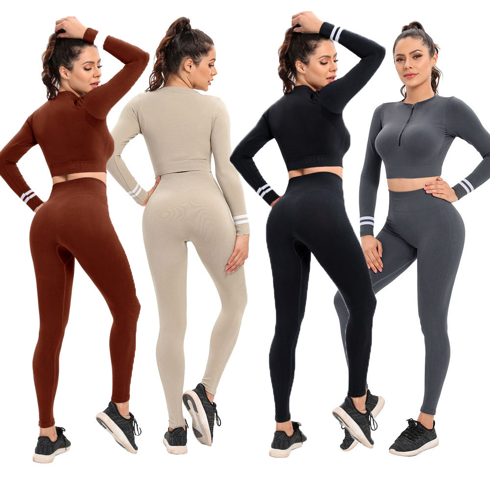 Factory new seamless yoga set: low-cut zipper, peach lift, high-waisted, body-hugging activewear for women