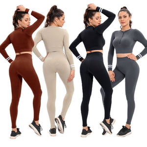 Factory new seamless yoga set: low-cut zipper, peach lift, high-waisted, body-hugging activewear for women