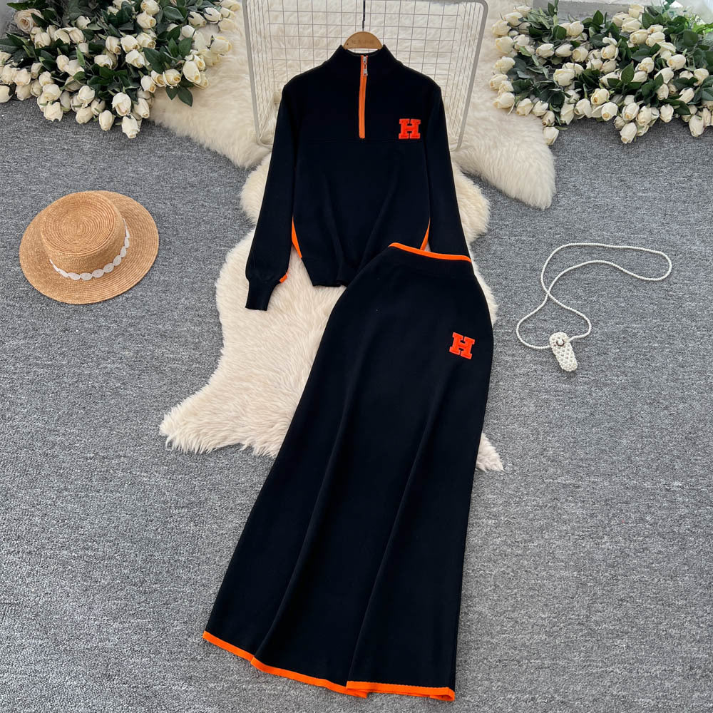 Minimalist color block striped knit power suit: stand collar long sleeve sweater + high waist slim fit long skirt - winter collection