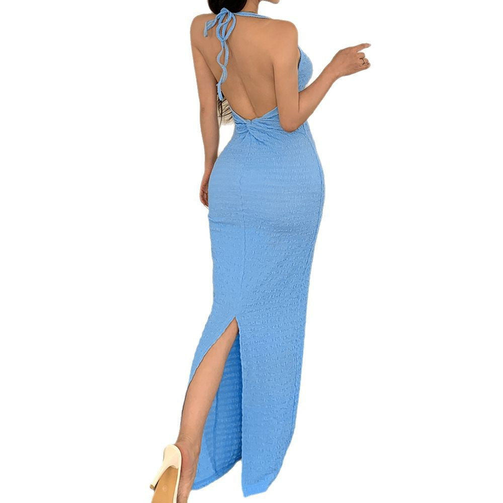 Self-designed European and American hot-selling women's clothing independent station 2025 summer new solid-color neck kink long dress