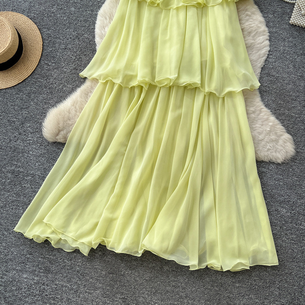 French halter sleeveless ruffle dress women's summer korean style high waist tiered dress vacation chic maxi dress