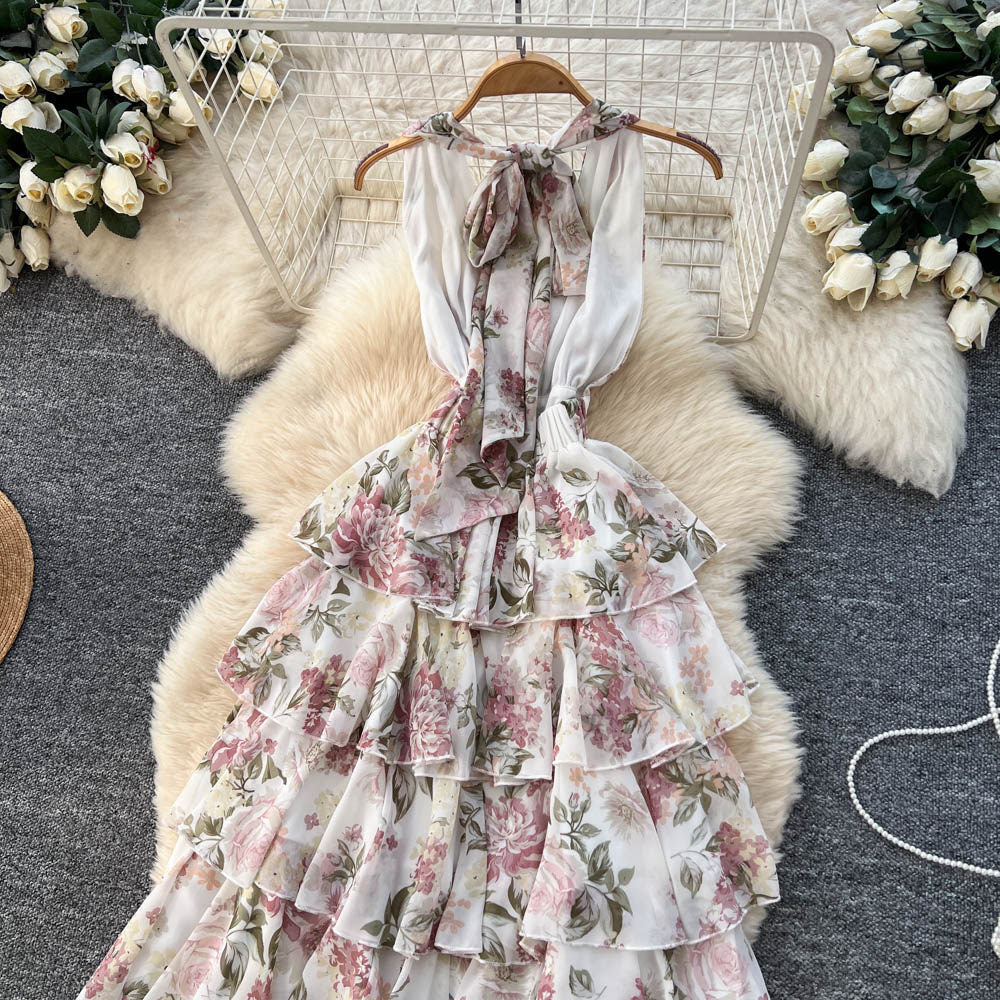 Romantic holiday floral halter dress - women's summer sleeveless tie-waist, figure-flattering, ruffle hem maxi dress