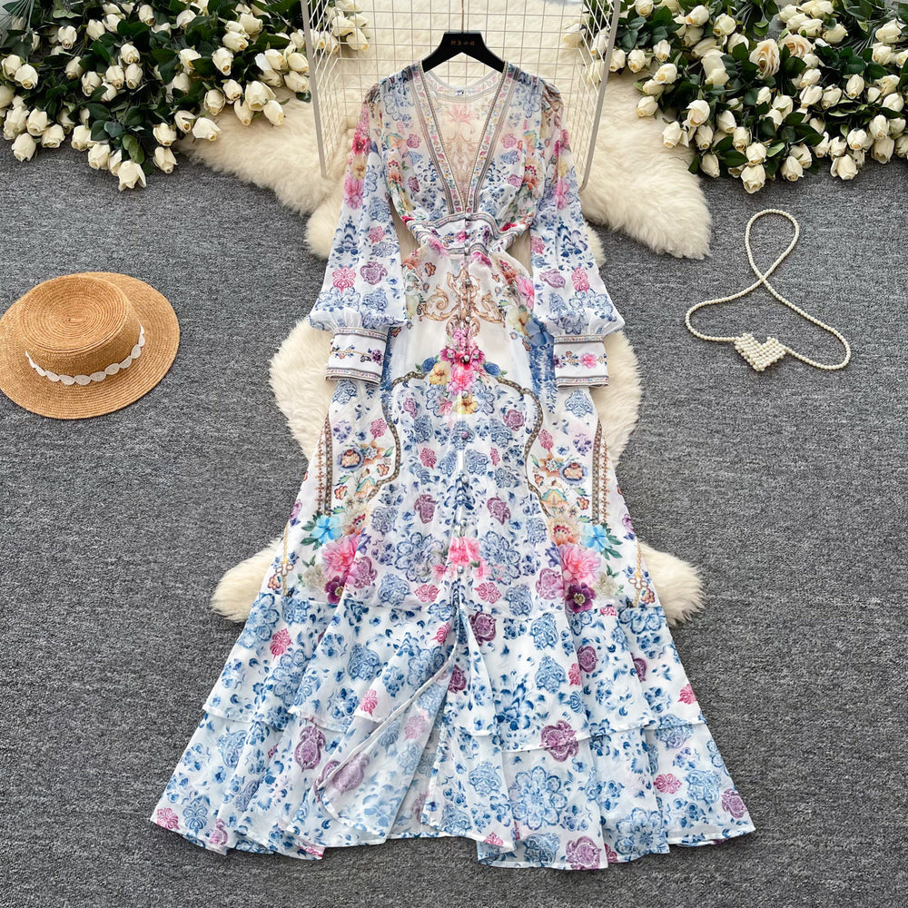 French riviera floral print flared sleeve dress - women's long sleeve tie-waist a-line maxi dress - elegant & chic