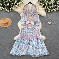 French riviera floral print flared sleeve dress - women's long sleeve tie-waist a-line maxi dress - elegant & chic