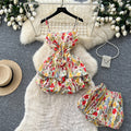 Vacation style floral suspender silm two-piece set for women summerwork clothing style waist-tight bud skirt petitessuit