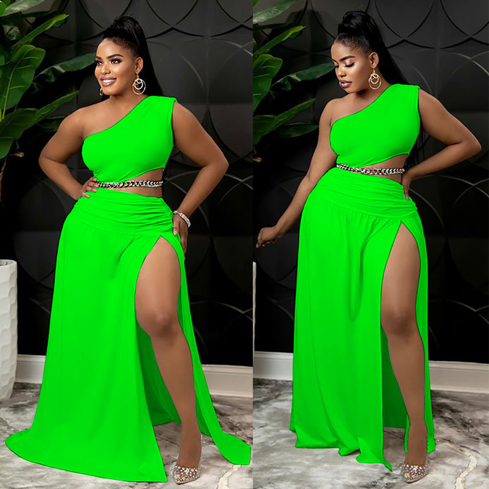 supply european and american clothing  pure color asymmetrical one-shoulder tops large slit floor-length skirt suit