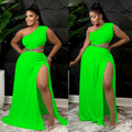 supply european and american clothing  pure color asymmetrical one-shoulder tops large slit floor-length skirt suit